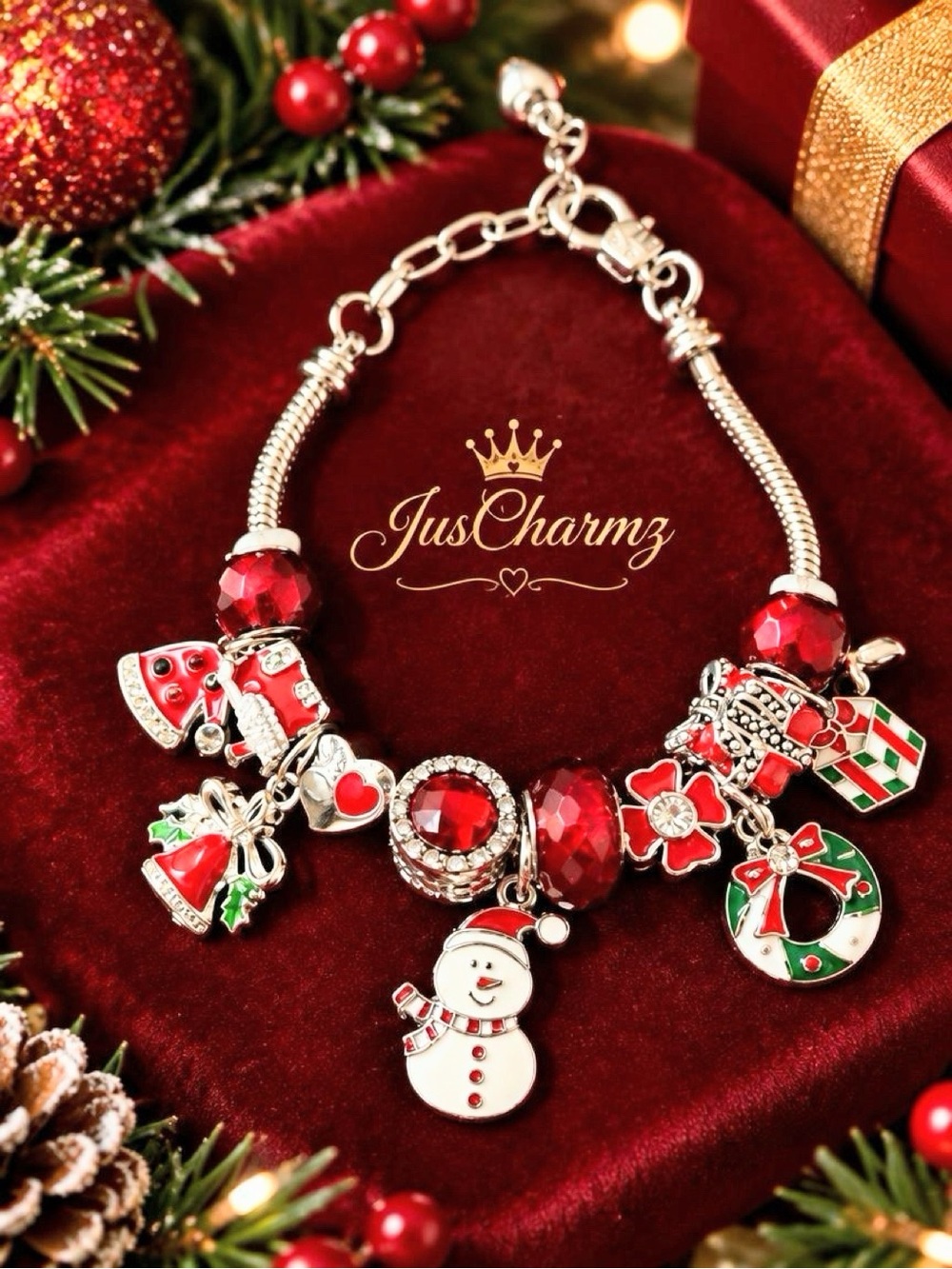 Christmas Holiday Charm Bracelet | Snowman Wreath Gift